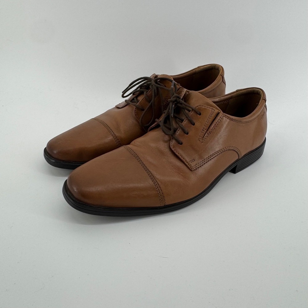 Clarks Leather Tilden Cap Toe Oxford Mens 12 Lace Up Dark Tan Dress Shoe Comfort